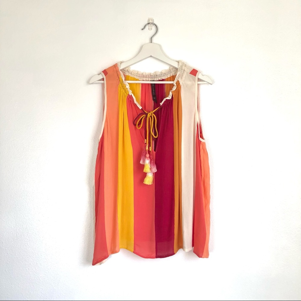 Ban Jara Yellow / Orange / Red Stripe Tassel Tie Sleeveless Top Size Medium